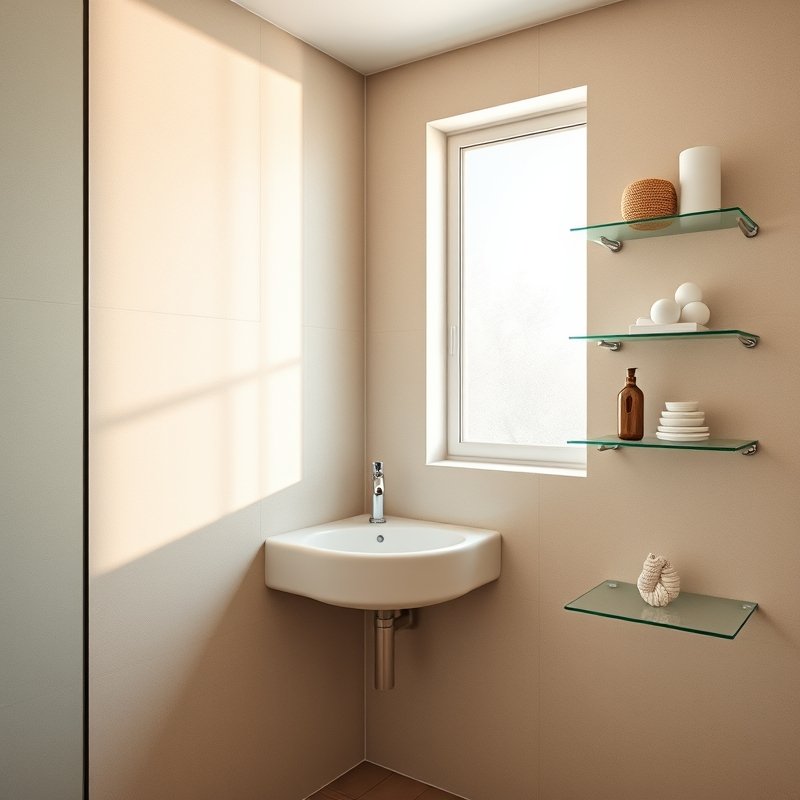 Tiny bathroom corner with white corner sink, glass shelves holding folded towels and a plant