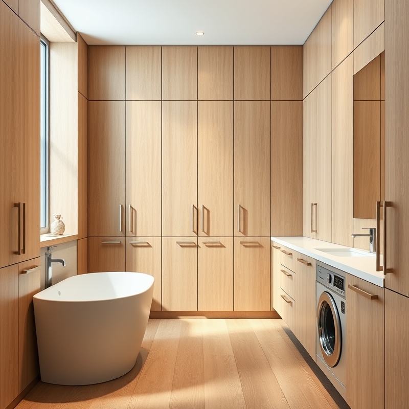 floor-to-ceiling custom bathroom cabinet wall in light oak