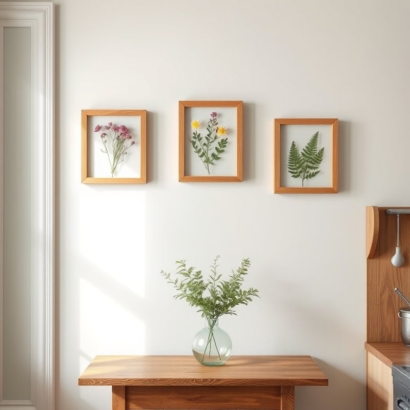 Framed pressed flower art on a kitchen wall