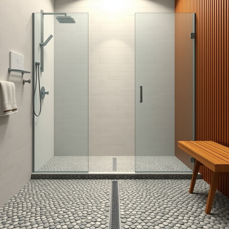 pebble tile shower floor with linear drain mid century modern