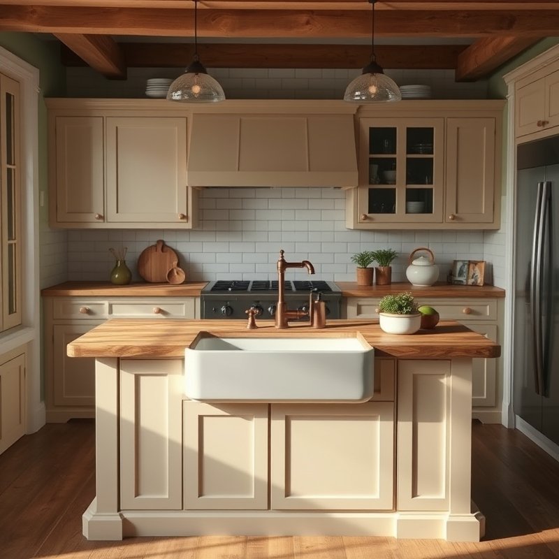 22 Island Kitchen Ideas That Add Style, Storage, and Function Upgrade Your Space Today 23 kitchen island with glazed ceramic farmhouse sink and copper faucet