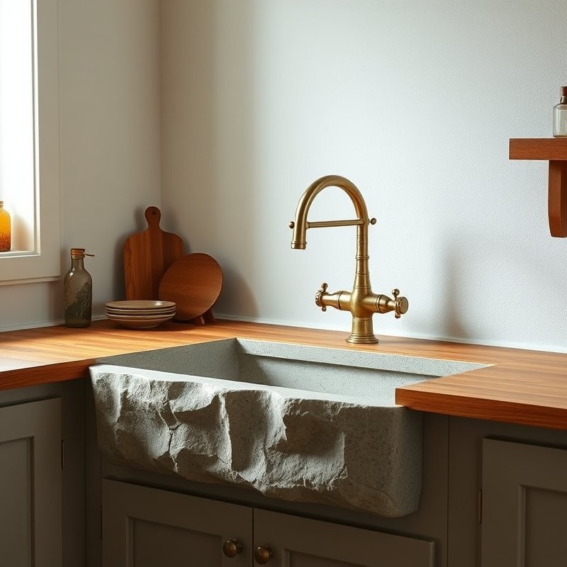 Natural stone farmhouse sink with a high-arc gooseneck faucet in brass