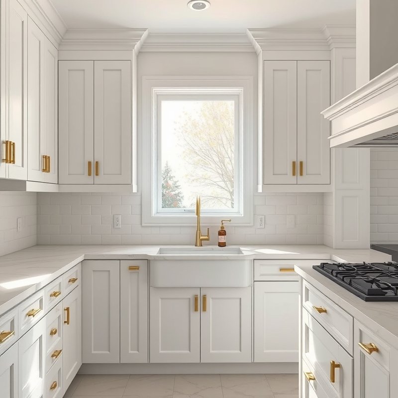 white kitchen cabinets with brushed brass bar pulls and knobs, warm metallic accents against white shaker doors