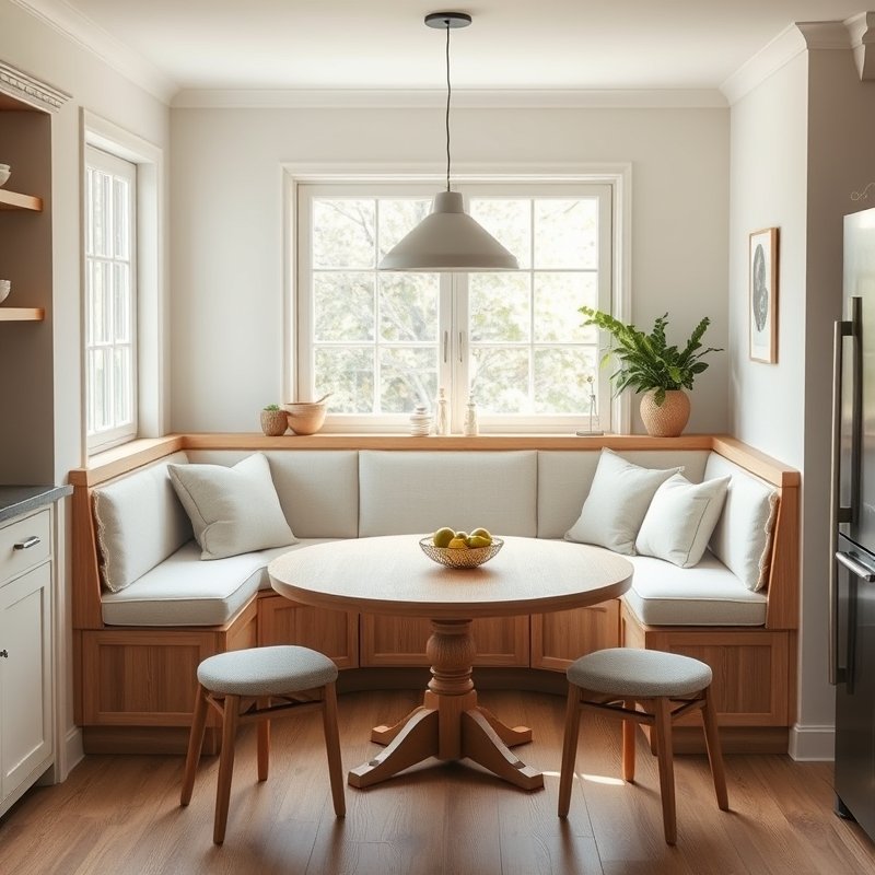 21 Japandi Kitchen Ideas That Blend Minimalist Style With Natural Calm Start Styling Now 7 built-in wooden kitchen banquette seating with linen cushions and a round table