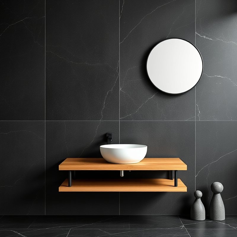24 Black and White Bathroom Ideas That Create a Timeless, Elegant Look You Must Try 12 matte black porcelain slab wall with a white vessel sink