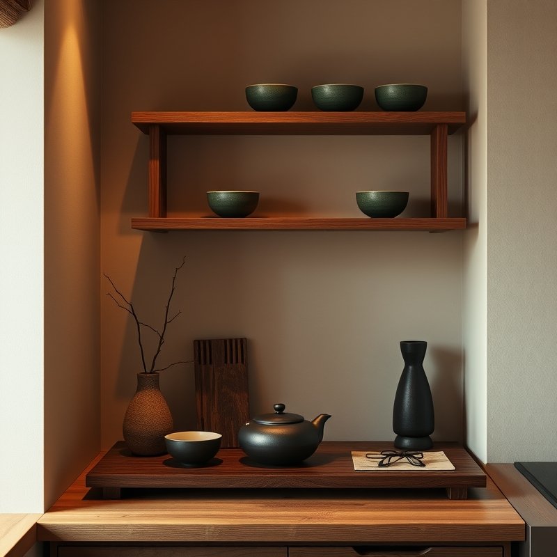 21 Japandi Kitchen Ideas That Blend Minimalist Style With Natural Calm Start Styling Now 10 small tea station nook with wooden shelves, ceramic cups, and a clay teapot