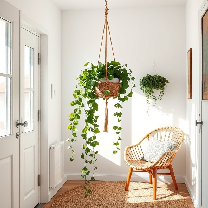 macrame hanging planter with lush trailing ivy near a bright window