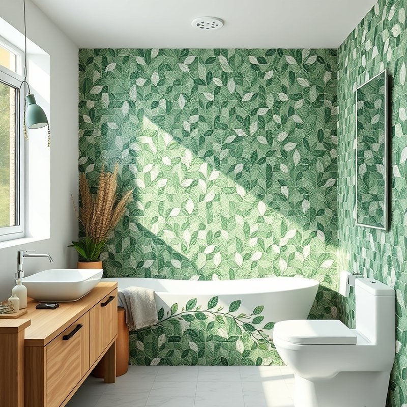 19 Green Tile Bathroom Ideas That Bring Fresh Nature Vibes and Texture Try This Look Now 20 green tile mosaic leaf motif bathroom wall