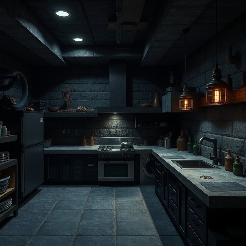 Minecraft industrial kitchen with deepslate counters and metal accents