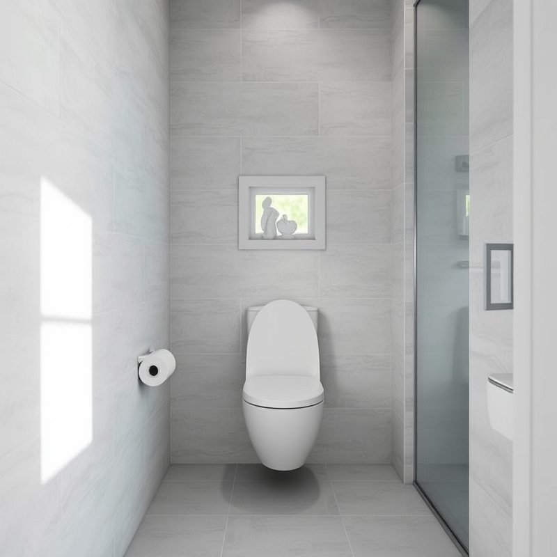 Small white bathroom with wall-hung toilet, tile floor visible beneath, and a floating shelf above