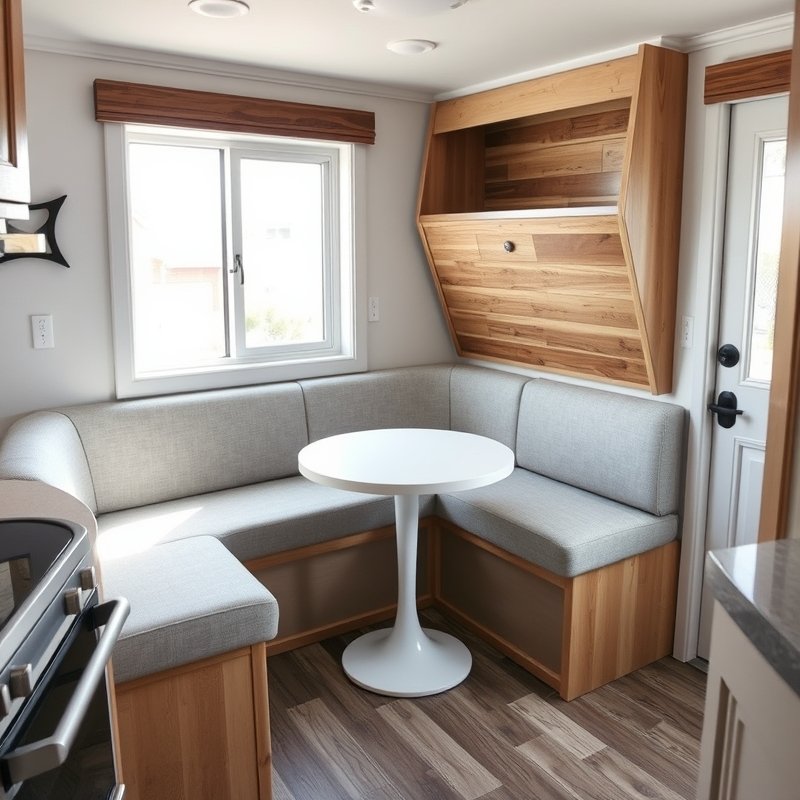 corner banquette in tiny kitchen with hinged lid revealing storage