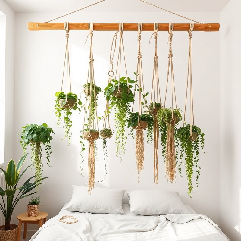 bedroom with multiple cascading hanging plants in macrame holders