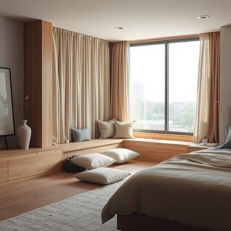21 Japandi Bedroom Ideas That Blend Minimalist Calm With Warm Natural Beauty You Must Try 8 Window bench with floor cushions in a bright Japandi bedroom