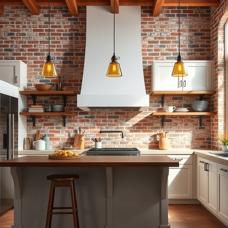 Rustic kitchen with exposed brick veneer wall, wooden shelves