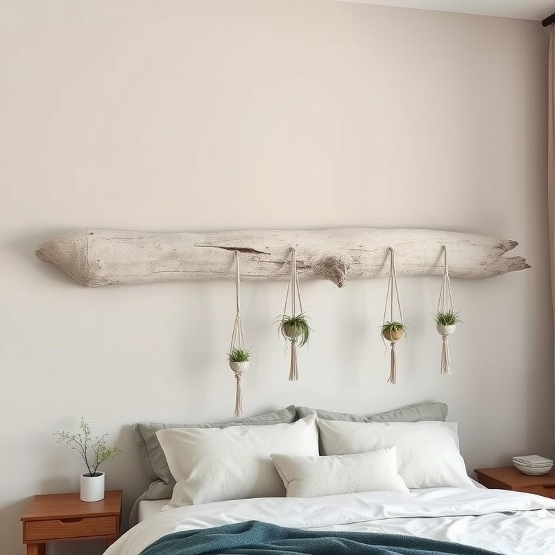 wall-mounted natural driftwood piece with hanging macrame and air plants