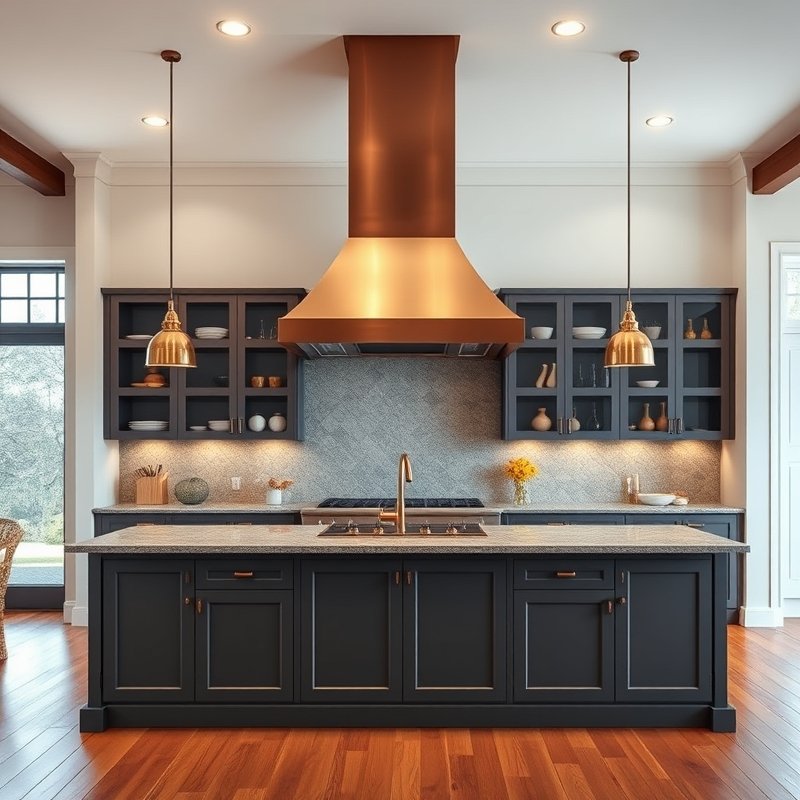 22 Island Kitchen Ideas That Add Style, Storage, and Function Upgrade Your Space Today 9 kitchen island with copper range hood suspended from ceiling above cooktop