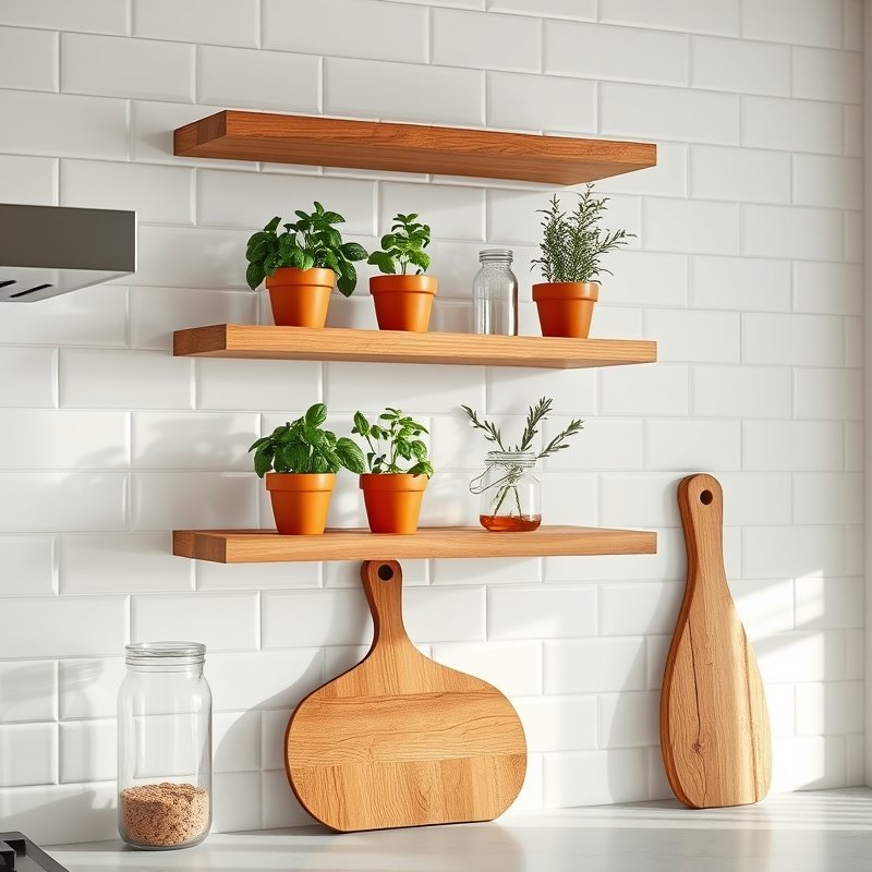 Warm wood floating shelves with potted herbs and ceramic jars