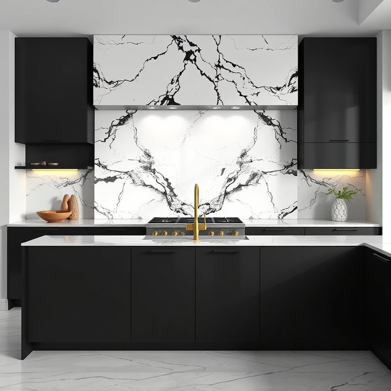 full-height marble slab backsplash with bold black veins behind a cooktop