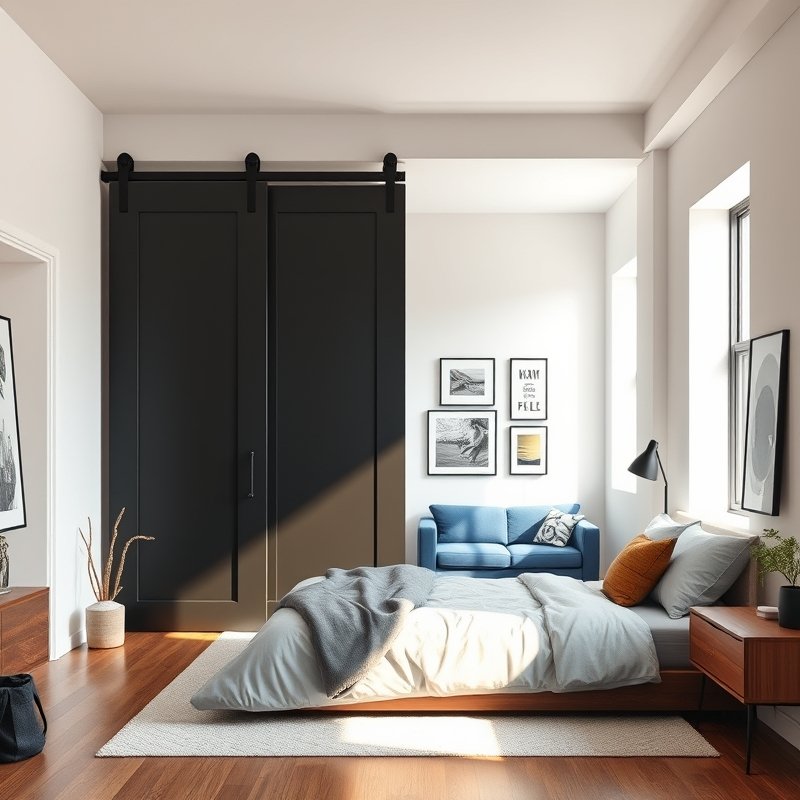 18 Living Room and Bedroom Combo Ideas That Save Space Without Sacrificing Style Try These Now 4 sliding barn door separating a bed from a living area in a modern studio