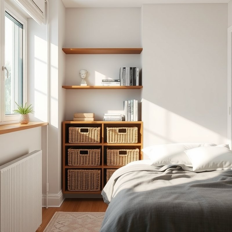 tall open shelving unit in small bedroom storing baskets