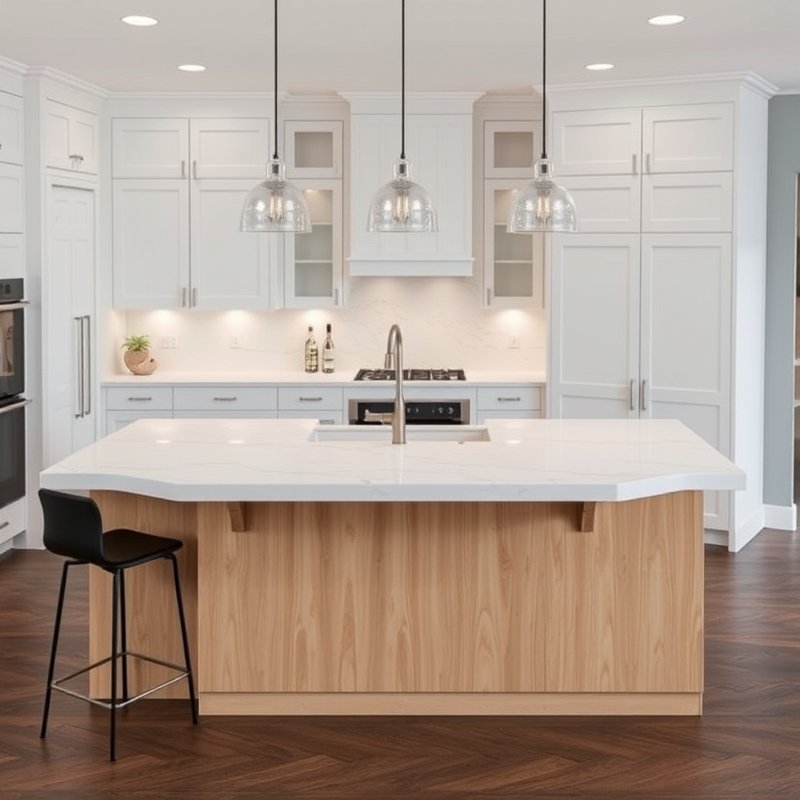 21 Modern Farmhouse Kitchen Ideas That Blend Rustic Charm With Modern Style Get Inspired Now 6 kitchen island with white quartz waterfall edge and wood base