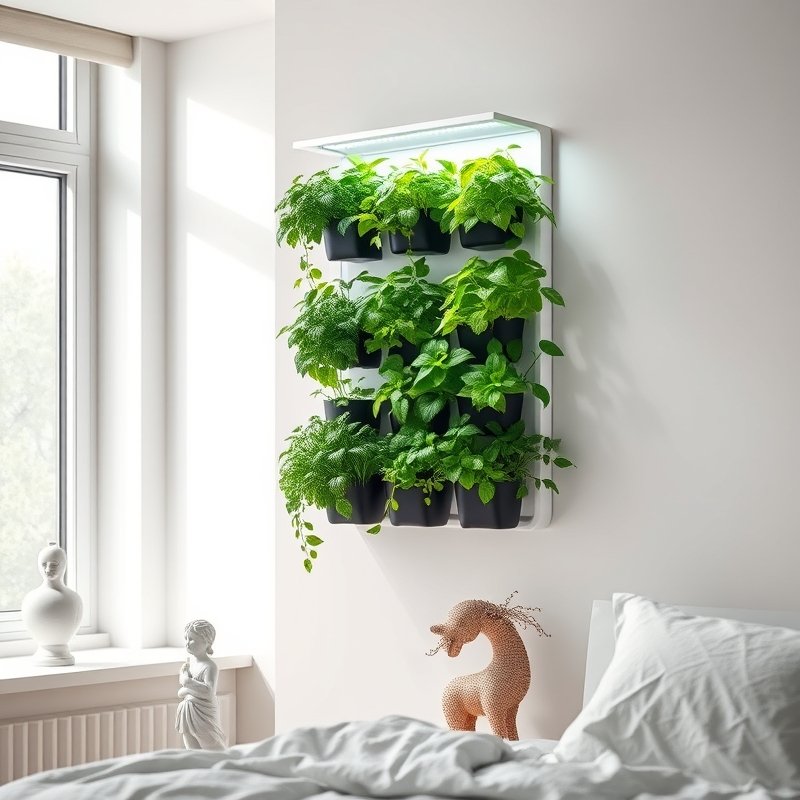 20 Bedroom Ideas for Men 2026 That Look Modern, Clean, and Ultra Stylish Upgrade Your Space 11 vertical herb planter on bedroom wall with green plants