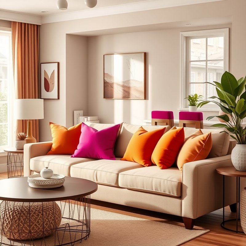 19 Colorful Living Room Ideas 2026 That Add Bold Personality and Happy Vibes Try This Look 16 beige sofa with orange and fuchsia throw pillows in living room