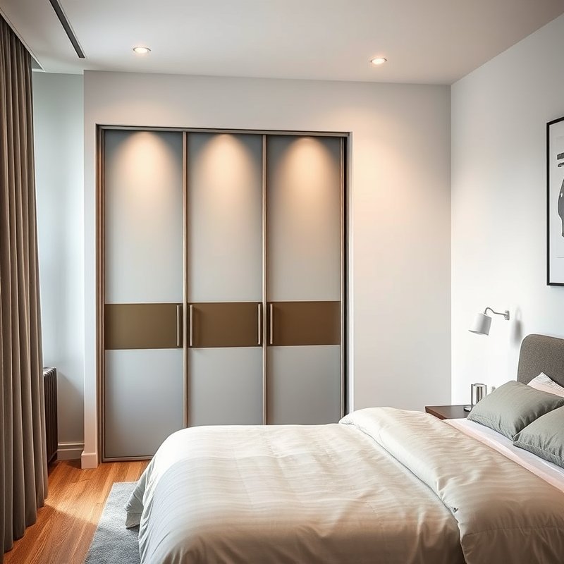 corner wardrobe with sliding mirrored doors in small room