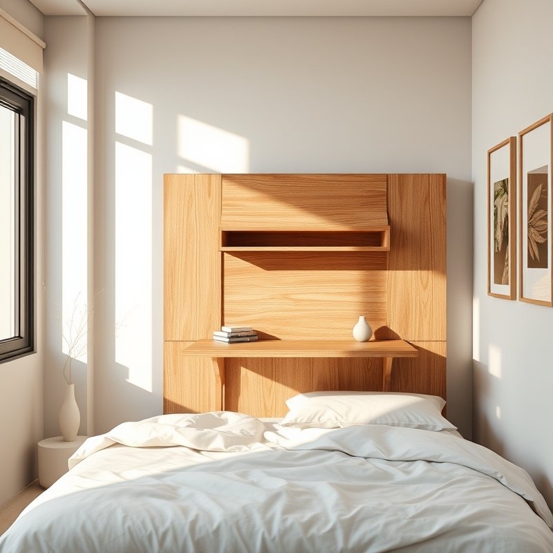 wall-mounted folding desk folded up in small bedroom
