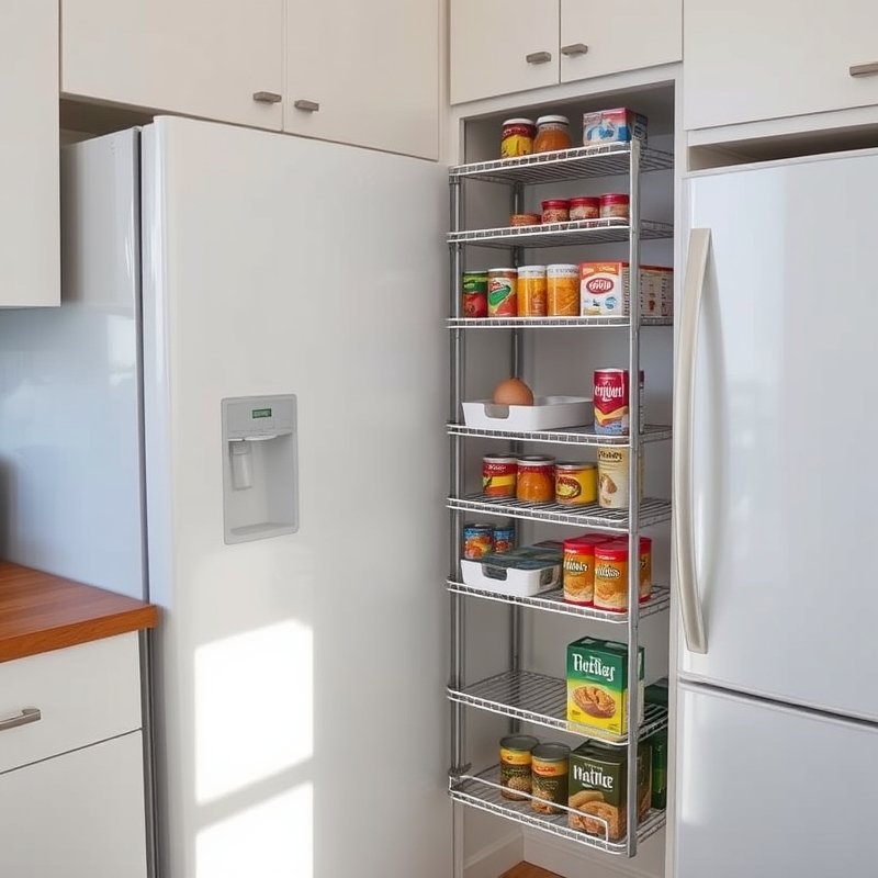 tall narrow pull-out pantry unit beside fridge storing jars and boxes