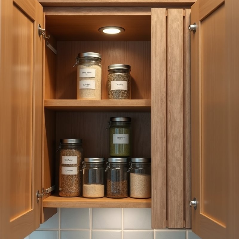 21 Kitchen Organization Ideas That Declutter Your Space and Make Cooking Easier Try These Now 19 deep cabinet with wooden tiered shelf organizing spice jars in three levels