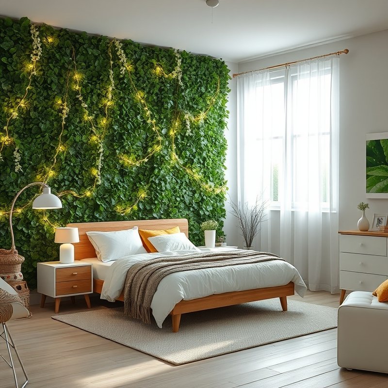 22 Teen Bedroom Ideas That Look Trendy, Cozy, and Pinterest Perfect Start Your Room Makeover 22 Faux greenery wall with fairy lights and white furniture in nature-inspired room
