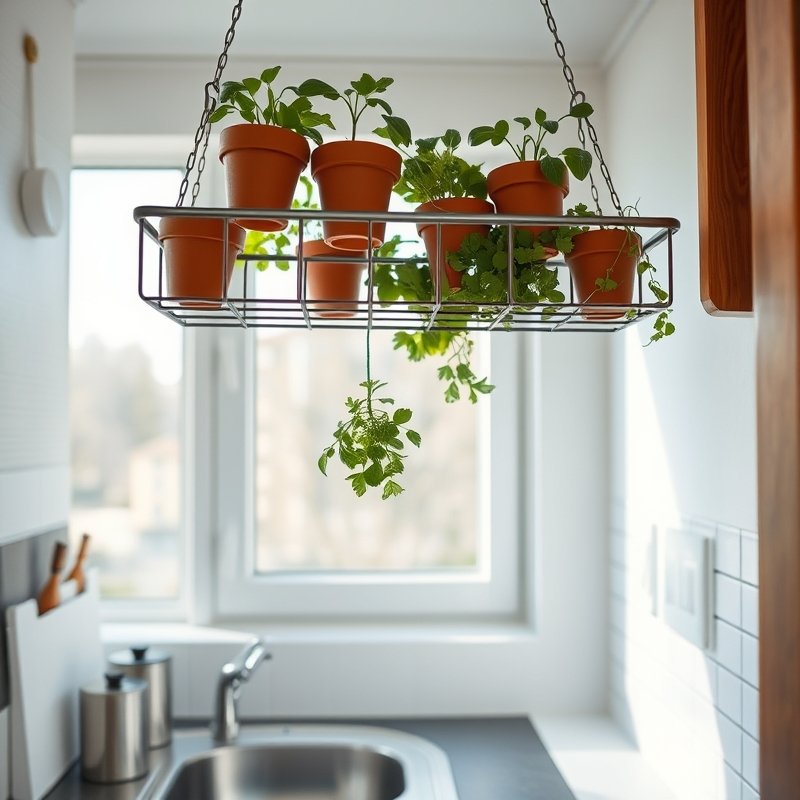 kitchen with a hanging metal grid holding small potted herbs above sink