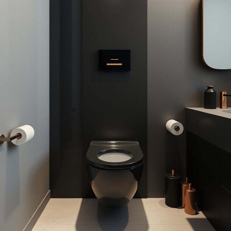 23 Black Bathroom Ideas That Look Bold, Modern, and Ultra Stylish Upgrade Your Space Today 17 bathroom with black toilet and gold flush plate on wall