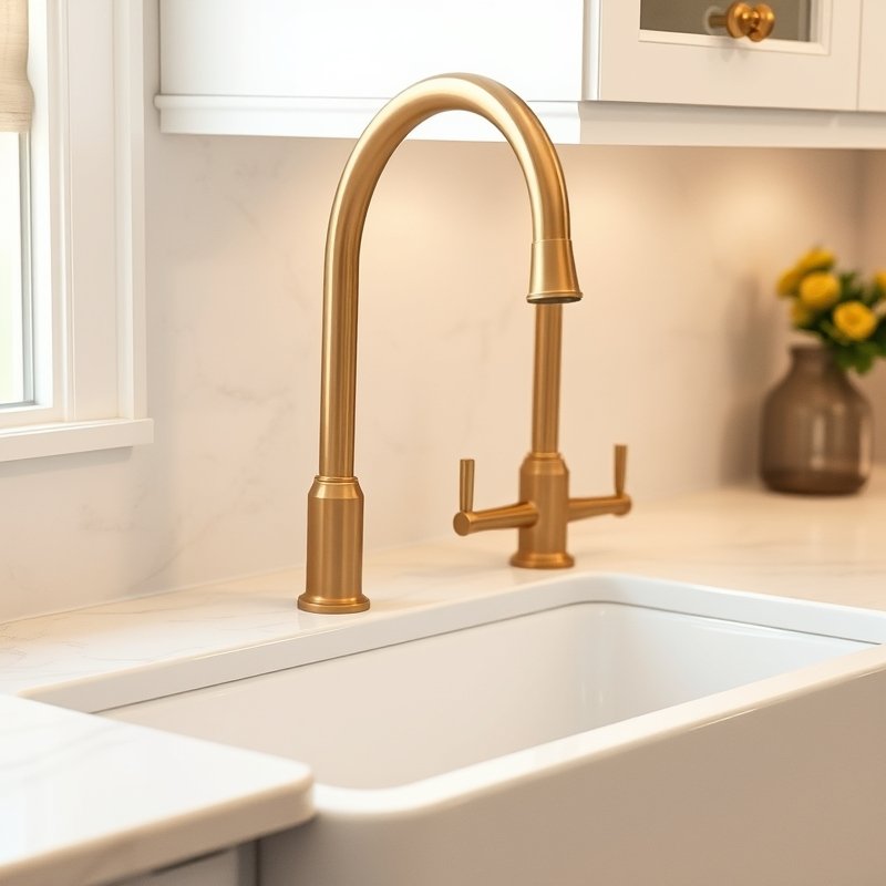 Gold brass kitchen faucet with matching cabinet handles