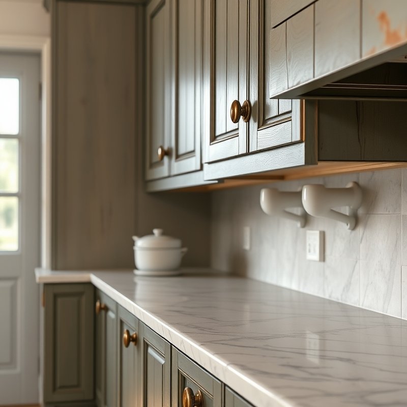 Kitchen cabinets with antique brass cup pulls and knobs