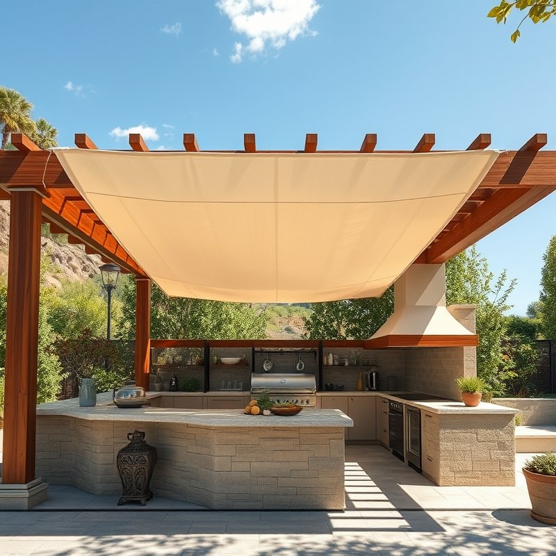 23 Kitchen Outdoor Ideas That Create the Perfect Backyard Cooking Space Start Designing Today 8 pergola with retractable canopy over an outdoor kitchen with grill and dining set