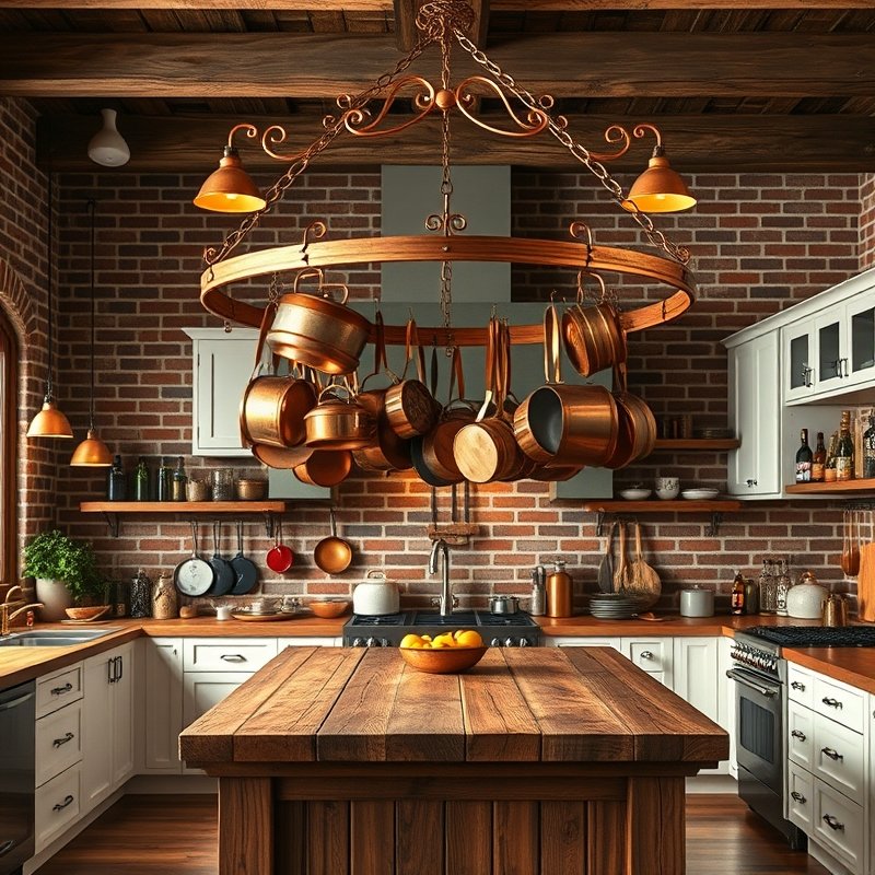 Copper pots and pans hanging from a rack over a rustic kitchen island