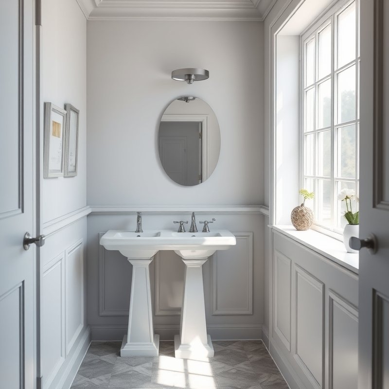 Small bathroom with white pedestal sink, round mirror, and a basket for towels on the side