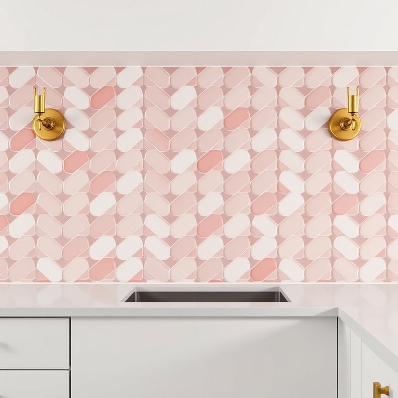 kitchen backsplash with pink and white alternating herringbone tile