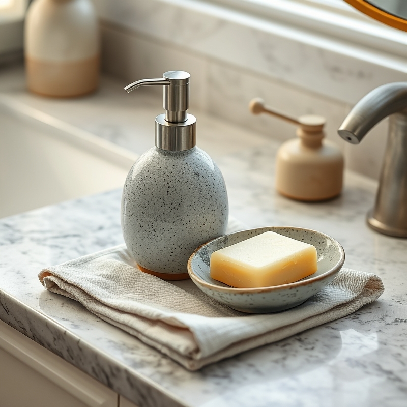 handmade ceramic soap dispenser and dish on a stone counter