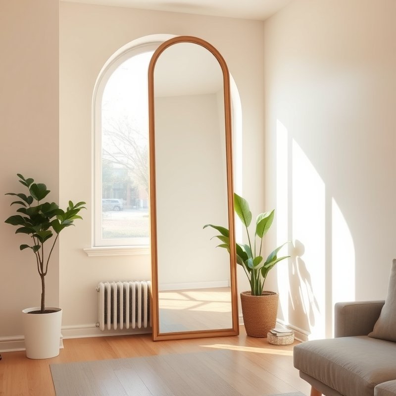tall arched floor mirror reflecting a window and greenery in a compact room