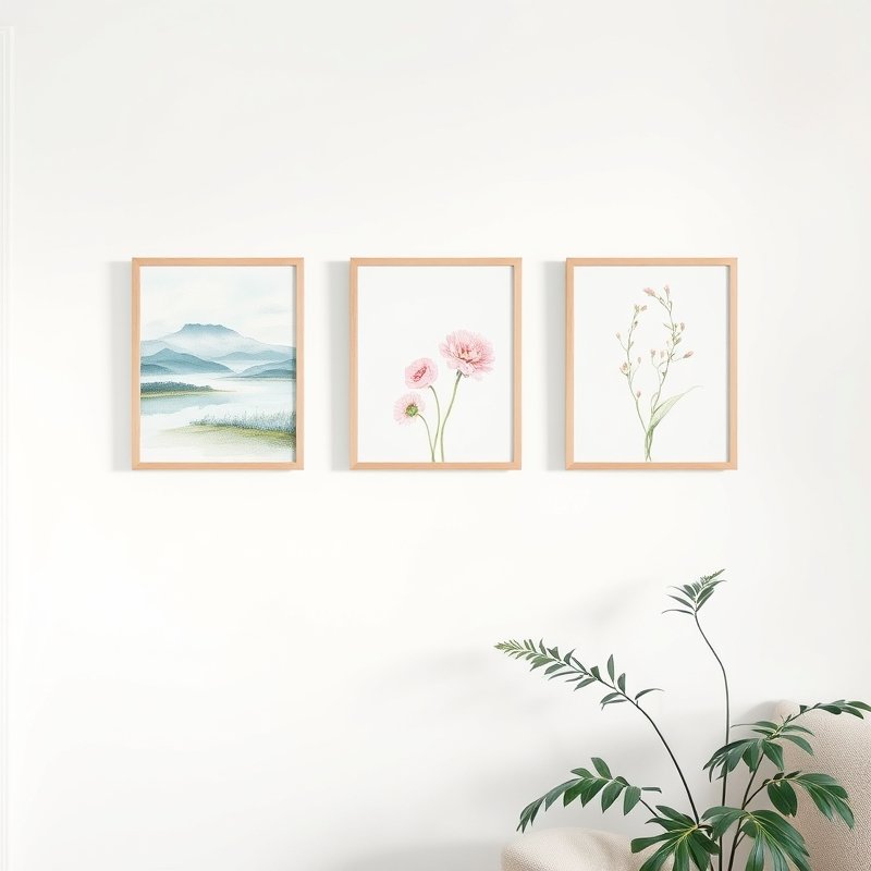 gallery wall of light watercolor floral and landscape prints in simple frames