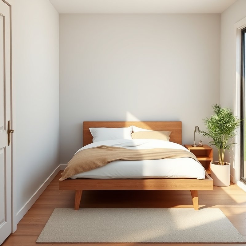 low platform bed in small bedroom with light bedding