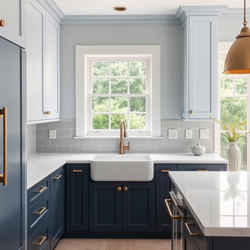 kitchen with sky blue upper cabinets and navy blue lower cabinets, brass hardware