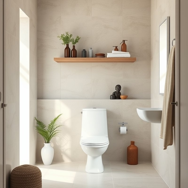 Toilet with a slim wooden shelf above holding towels and a small plant