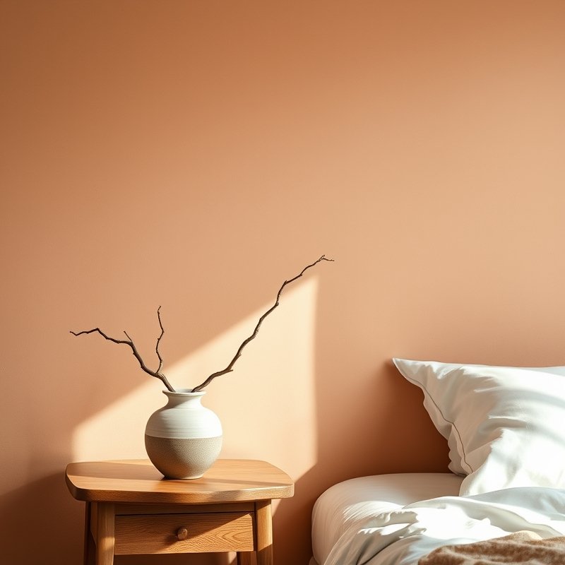 21 Japandi Bedroom Ideas That Blend Minimalist Calm With Warm Natural Beauty You Must Try 5 Textured ceramic vase with a delicate single branch on wooden bedside table