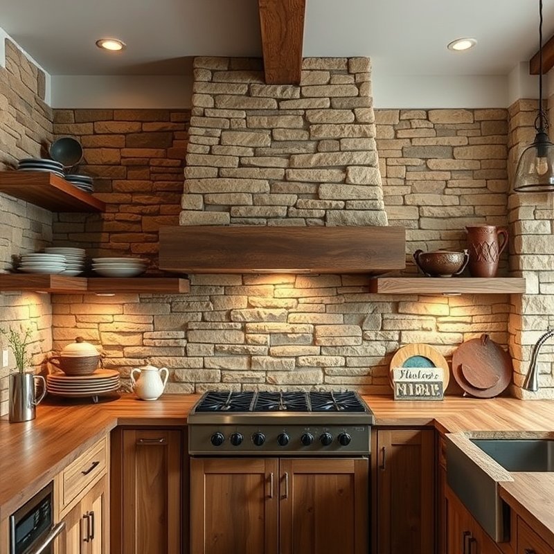 Rustic kitchen with stacked stone backsplash in warm beige and brown tones