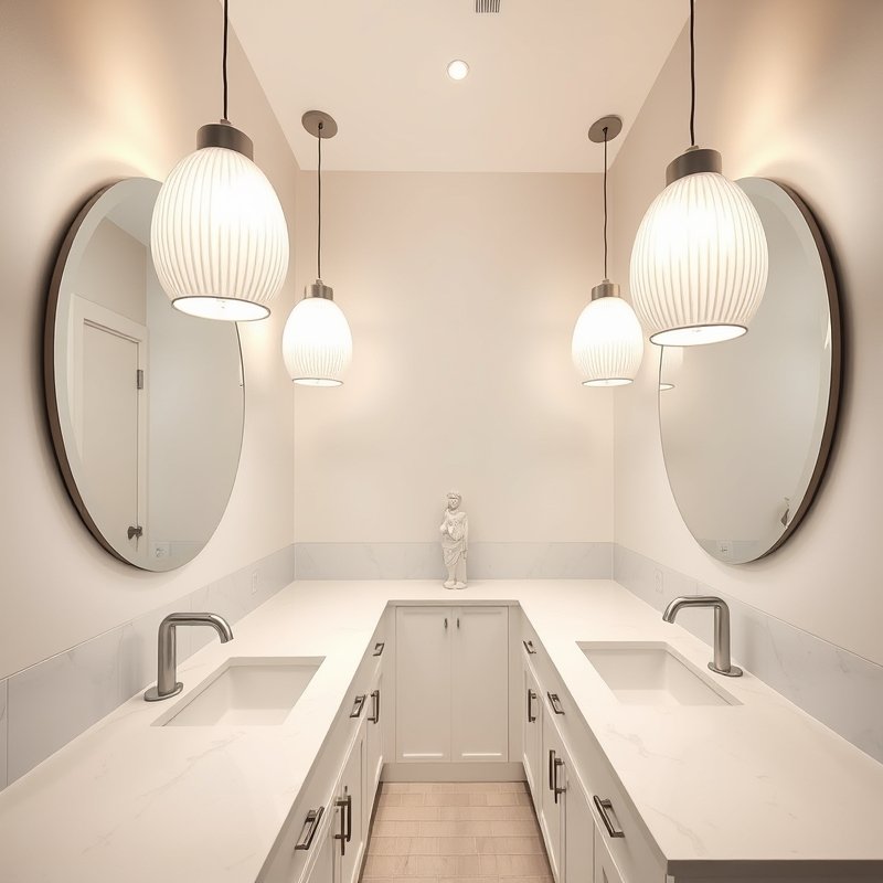 21 White Bathroom Ideas That Make Your Space Feel Clean, Bright, and Luxurious Start Today 19 double vanity with white ribbed glass pendant lights hanging above