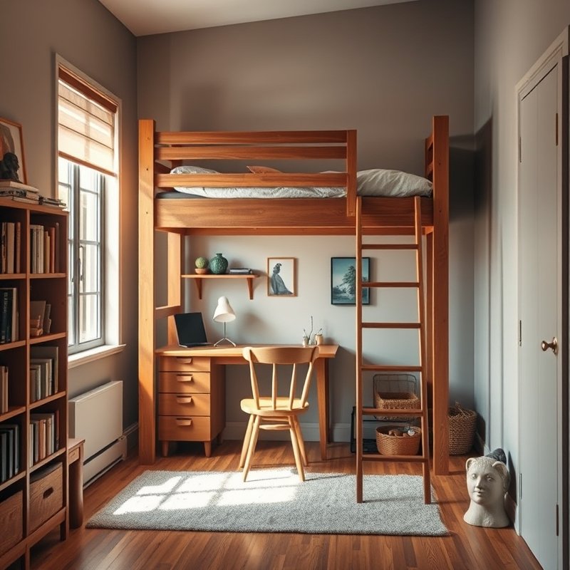loft bed with desk underneath in tiny bedroom